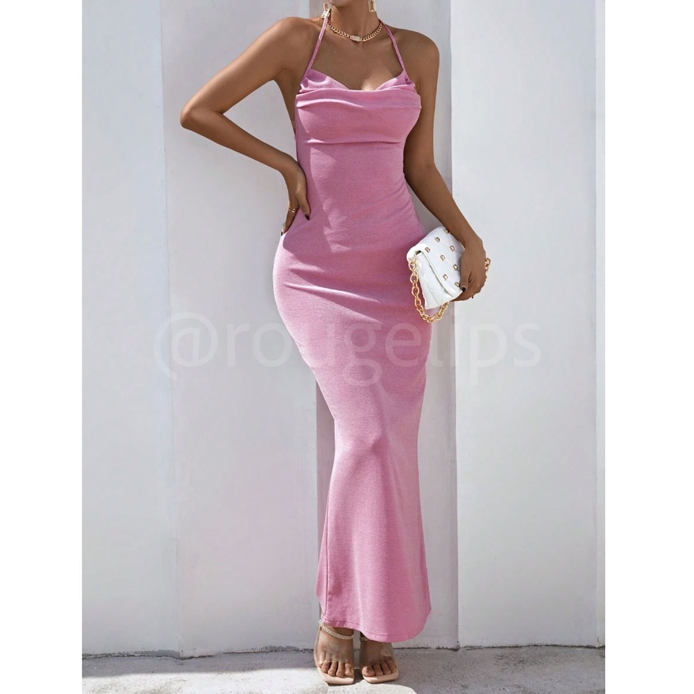 Glitter Lurex Pink Cowl Neck Backless Tie Straps Maxi Long Dress - Picture 6 of 10